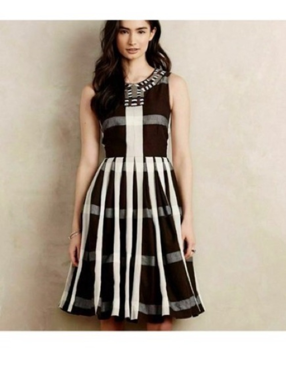 Maeve Brown & Cream Striped Pleated Midi Dress
